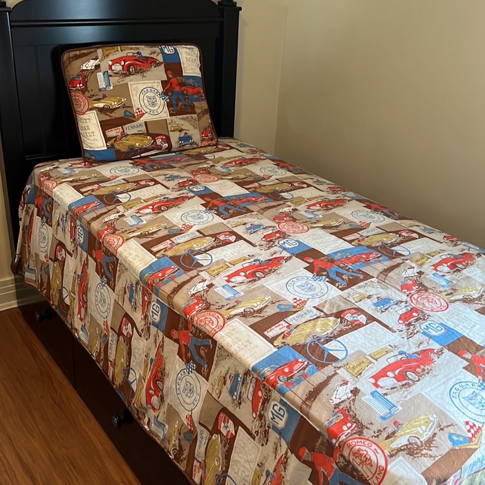 Vintage Twin/Twin XL Size Car Theme Coverlets, Pillow Shams, and Curtains
